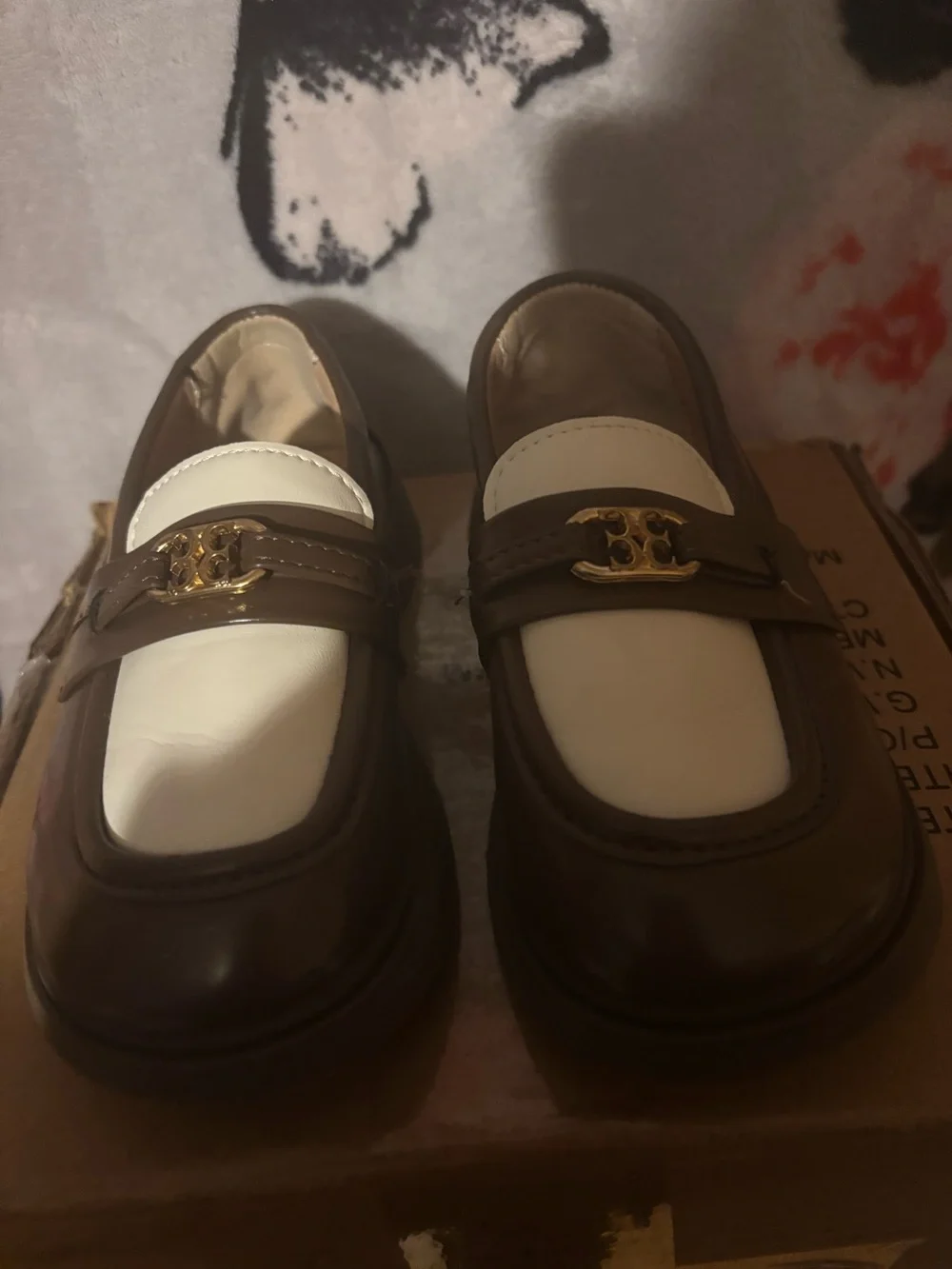 Brown and White Kids Loafers with Gold Accent